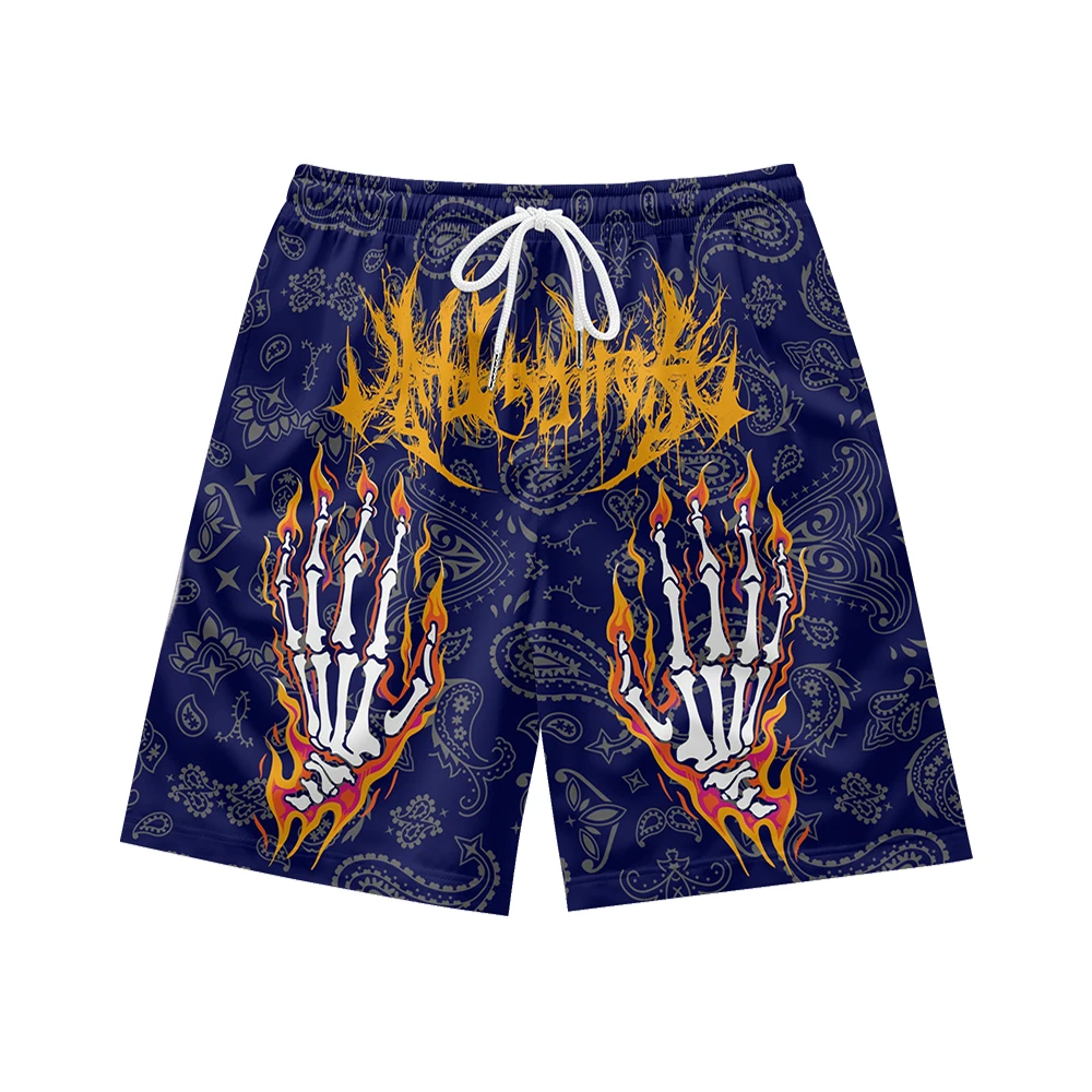 Dark Blue Skeleton Flame Men's Drawstring Waist Shorts, Quick drying Polyester Breathable Beach Shorts, Casual Sports Shorts