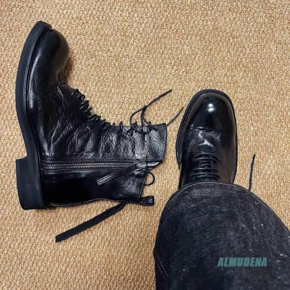 Block Heel Ankle Boots - Czarne skórzane modne męskie buty typu