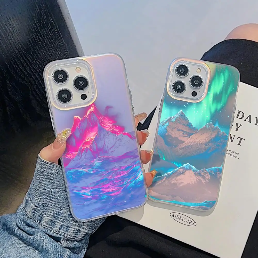 

Beautiful Aurora Peak Phone Case For iPhone 17 16 15 14 13 12 11 Pro Max Plus Transparent Aurora Laser Gradient Cover