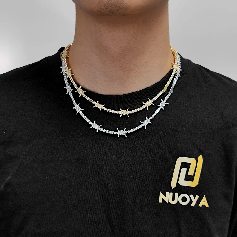 New Style Thorns Barbed Wire Brass Necklace Iced Out 1 Row Zircon Hip Hop Jewelry Twist Spiked Thorns Cuban Link Chain Choker