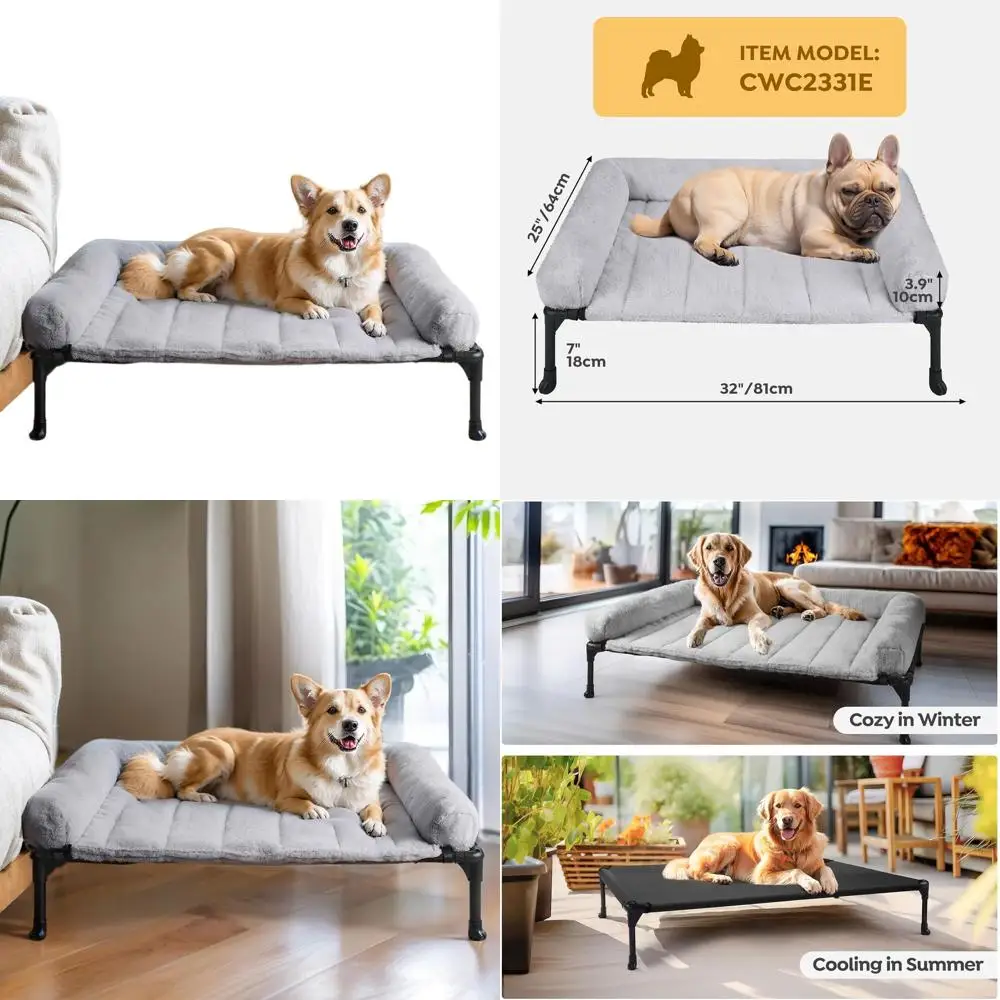 

Elevated Dog Bed with Plush Bolster, Large Indoor Pet Sofa, Removable Washable Cover, Non-Slip, 32x25, Grey