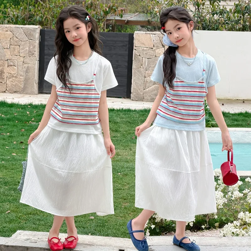 

Children Clothes Girl Summer Colorful Striped Fake Two-piece Top And White Skirt 2026 Casual Versatile Daily Wear
