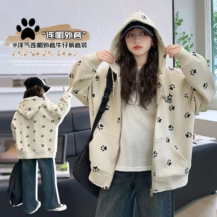 

Spring and autumn girls' coat, 2025 new stylish children's hooded sweatshirt, middle school autumn cardigan girls' top