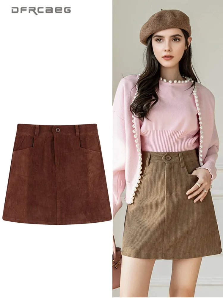 

American Retro Coffee Mini Corduroy Skirt For Women Autumn Winter Casual Slim Sweet Short Pencil Skirts Lady