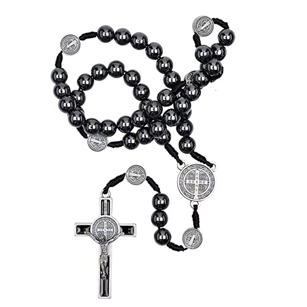 Catholic Rosary Car Ornament Black Hematite Bead Saint Benedict Medal Jesus Cross Auto Decor   Automotive Decal