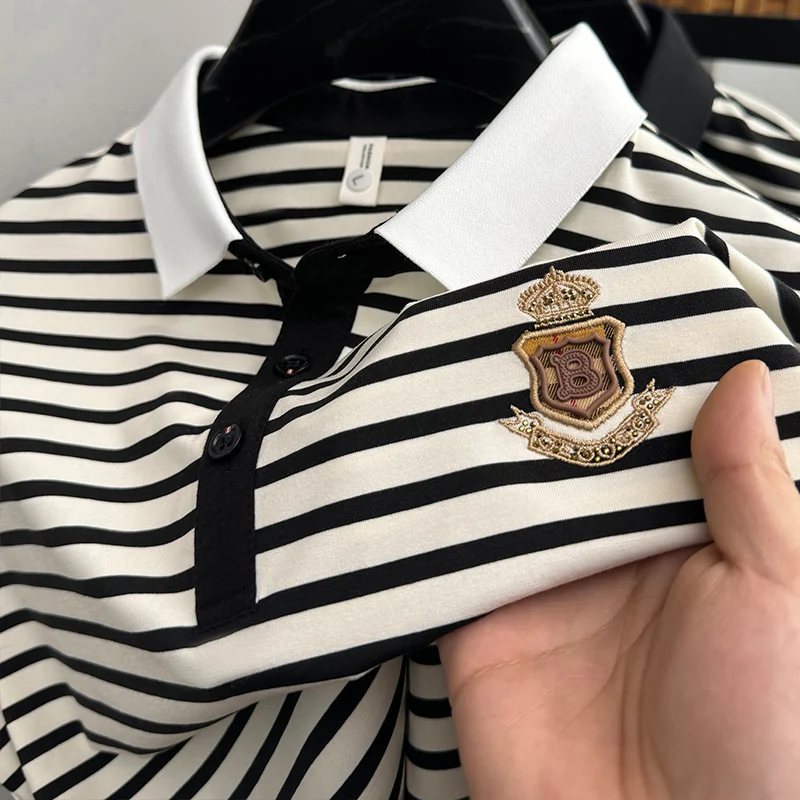 

Men's summer high-end striped POLO shirt luxury embroidery short-sleeved men's lapel cotton T-shirt breathable and comfortable T