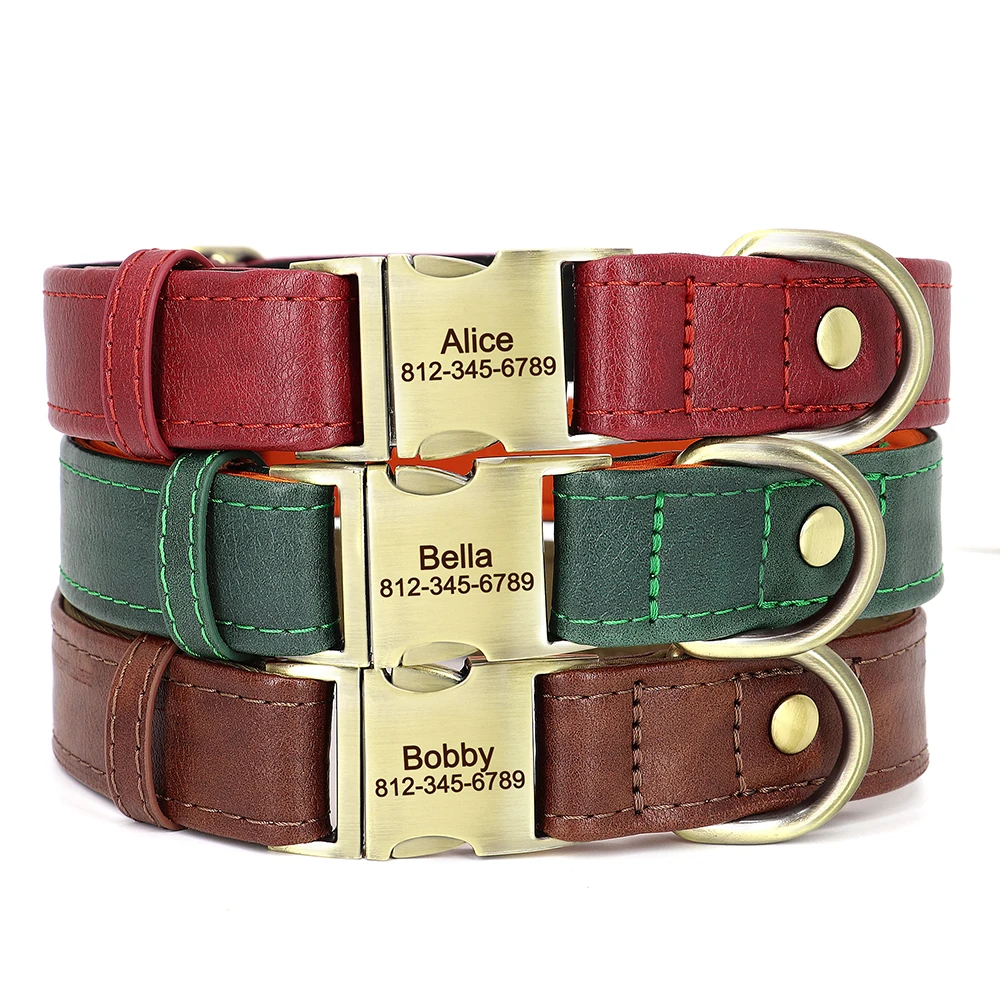 Customized Soft Leather Dog ID Collar Personalized Dogs Collars with Metal Buckle PU Leather Padded for Small Medium Dogs Pug