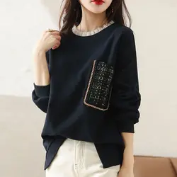 Casual Loose Round Neck Spliced Gauze Ruffles Sweatshirts Female Clothing Spring Autumn Korean Fashion Pockets Pullovers 2023