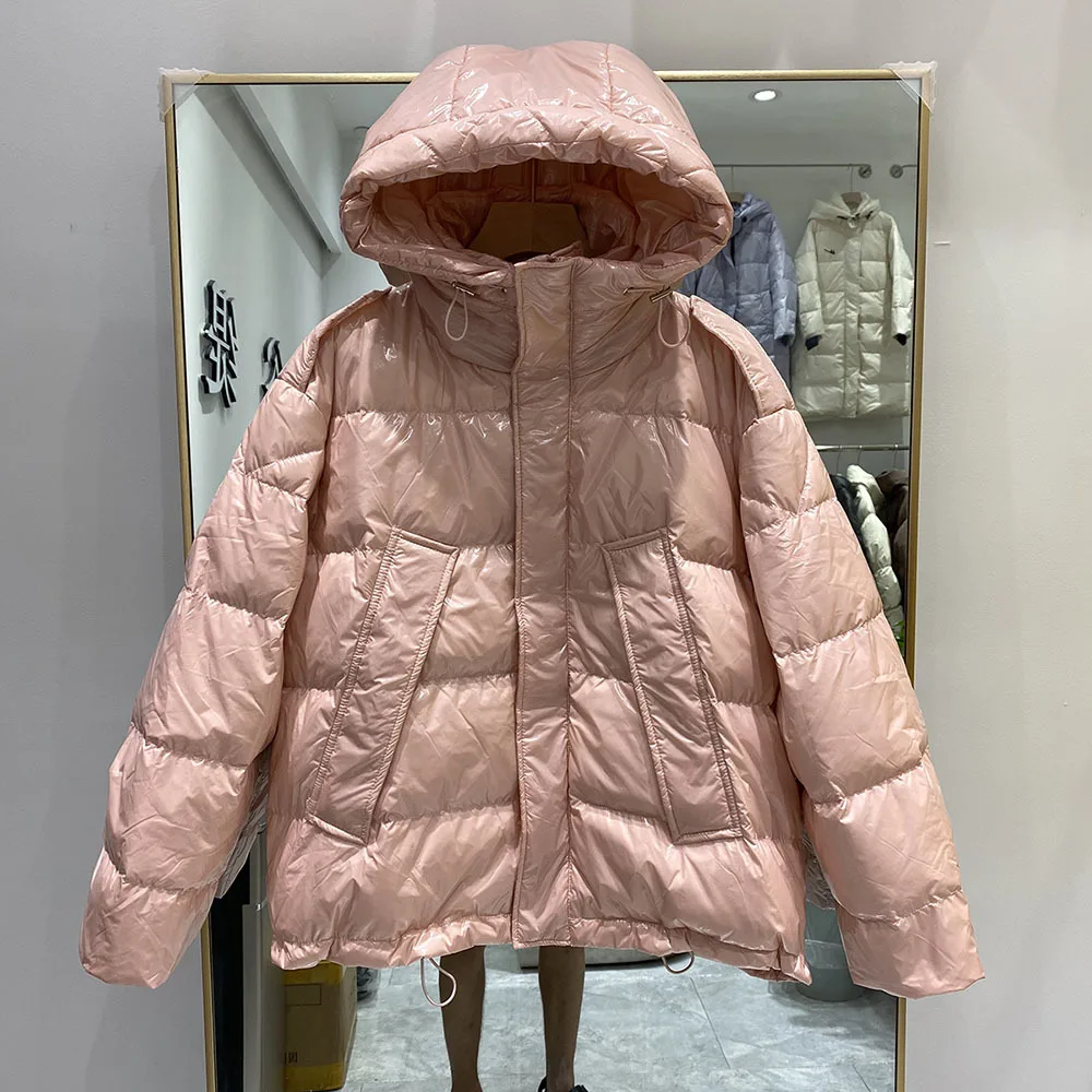 Glossy Short Puffer Jacket Korean Hooded Shiny Down Jackets Solid Colors Drawstring Long Sleeve Winter Parkas Female Coat