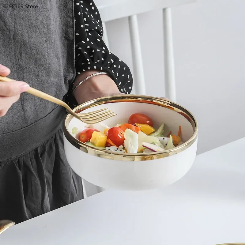European White Gold Side Tableware Rice Bowl Plate Fruit Salad Bowl Deep Dish Kitchen Tableware Wedding Decoration Plate