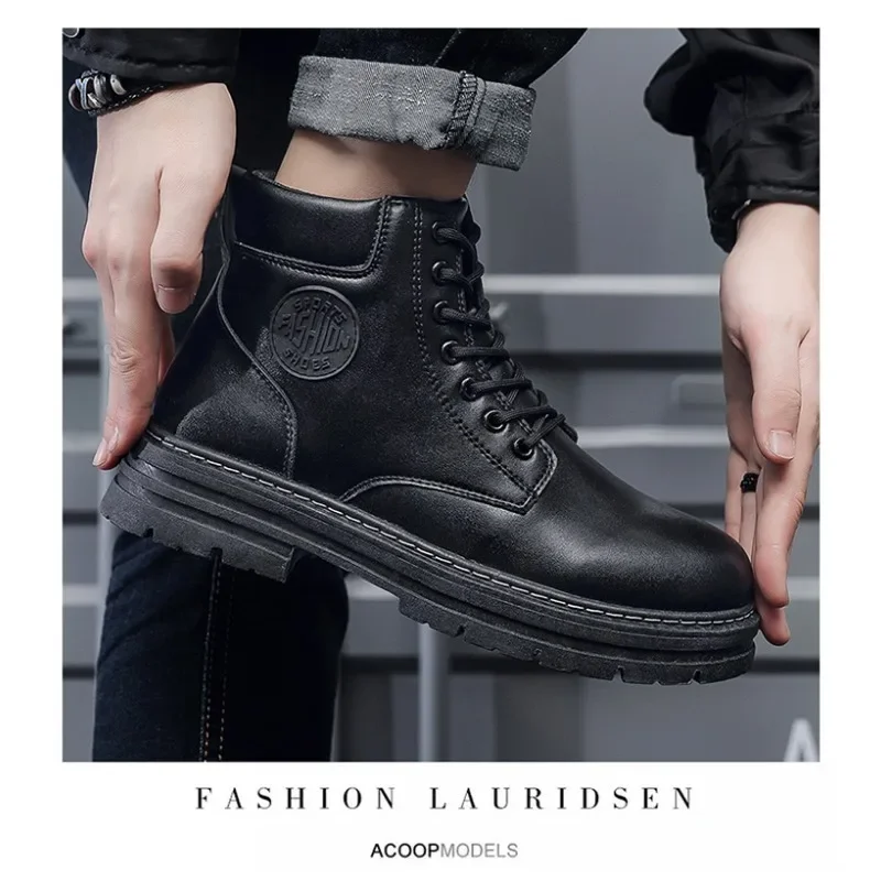 Men Trend High Top Boots Motorcycle Leather Boot Lace-Up Platform Working Shoes British Style Ankle Boots Outdoor Walking Boot