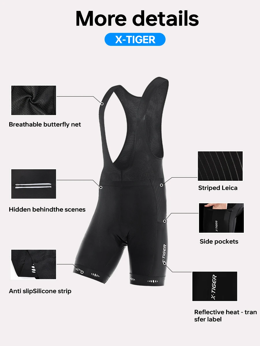 X-TIGER Herren Fahrrad-Trägerhose 5D Gepolstert Stoßfest Fahrrad-Trägerhose Atmungsaktiv Schnelltrocknend 3 Taschen Rennrad MTB Fahrradshorts – Detail 6