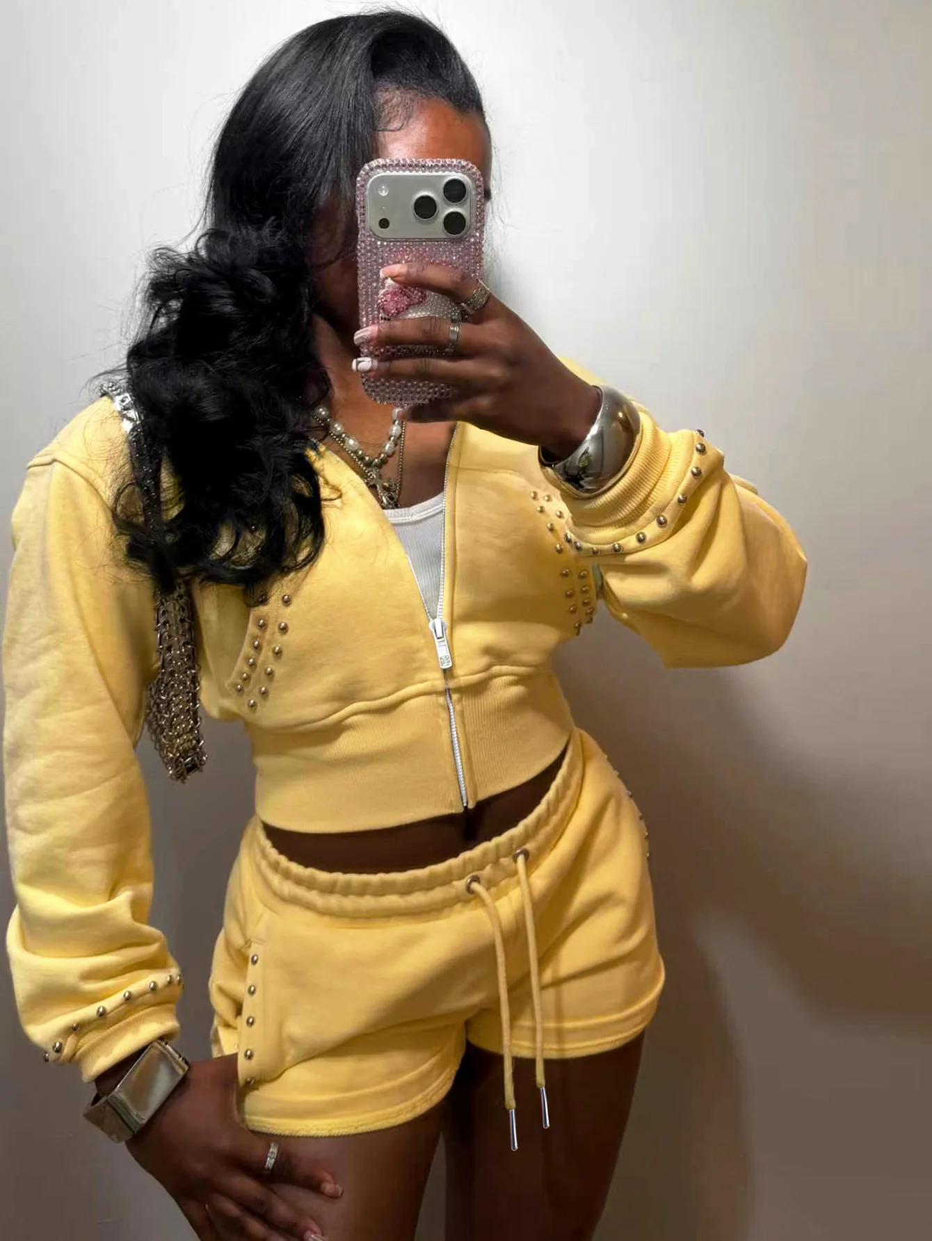 Cropped Zip Up Hoodie Shorts Set Women Rivet Long Sleeve Sweatshirt Drawstring Pocket Short Pants Club 2 Piece Outfit Streetwear