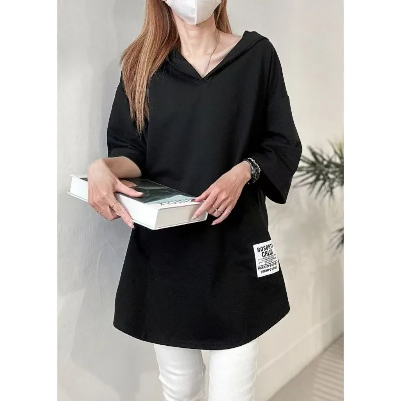 New Adult Plus Size Hooded Top Loose Irregular T-Shirt for Older Kids Slimming Mid-Length Top Women Slightly Chubby Girl's Top
