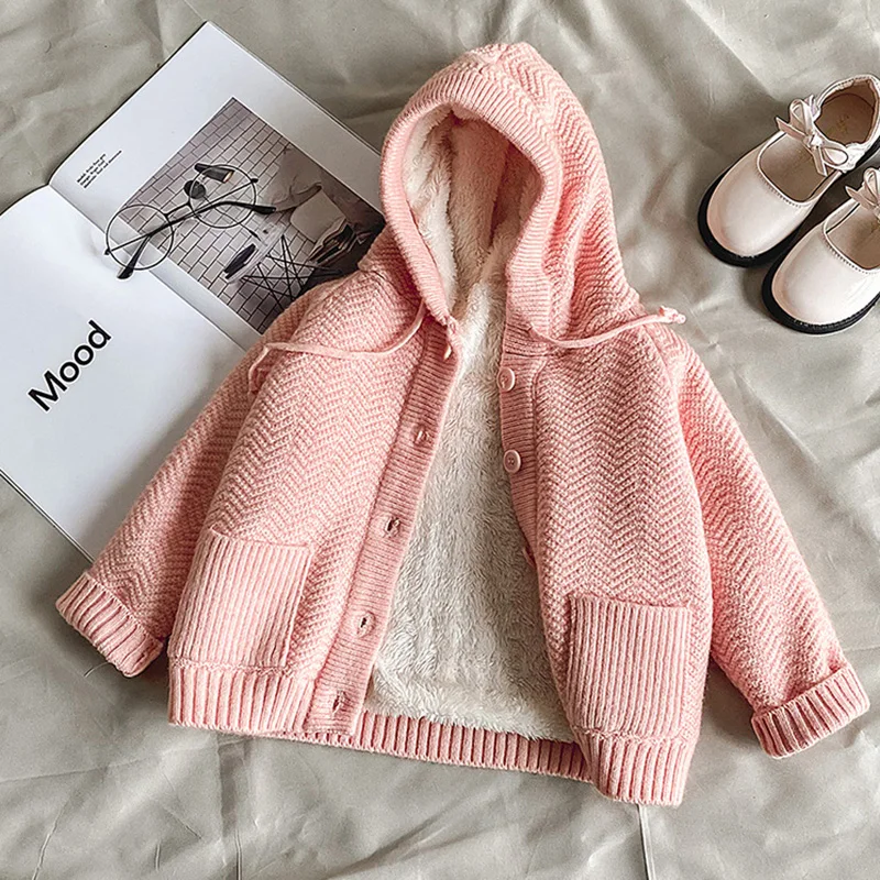 Autumn Winter Baby Girls Boys Hooded Cardigan Kids Plush Thicken Warm Knitted Cardigan Children Clothing Casual Sweater Coat