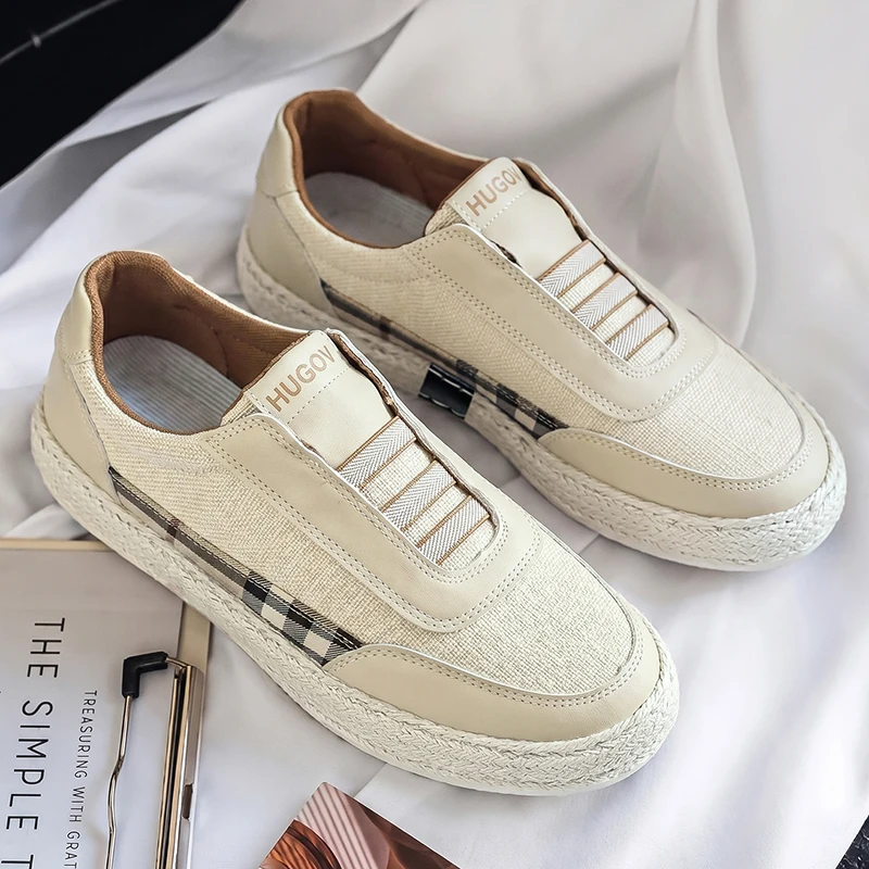 Men's Slip On Casual Shoes Plaid Splicing Woven Hemp Thick Sole Breathable Daily Walking Shoes