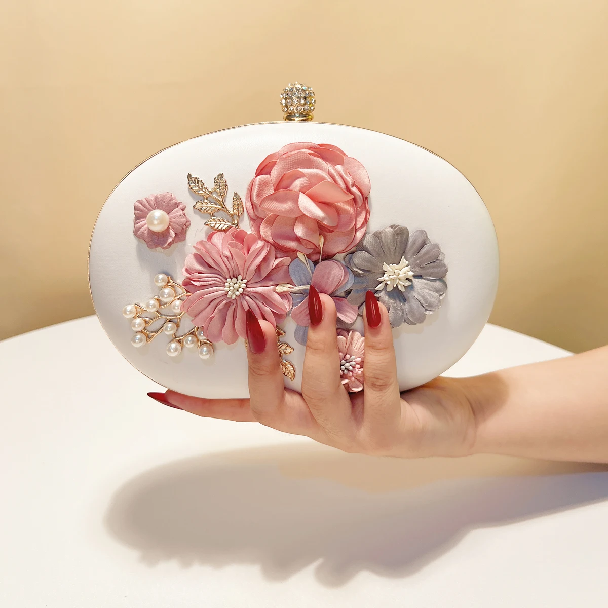 

Flower Evening Bags Pink Color Women Small Clutch Purse With Chain Shoulder Flap Design Diamonds Beading Box