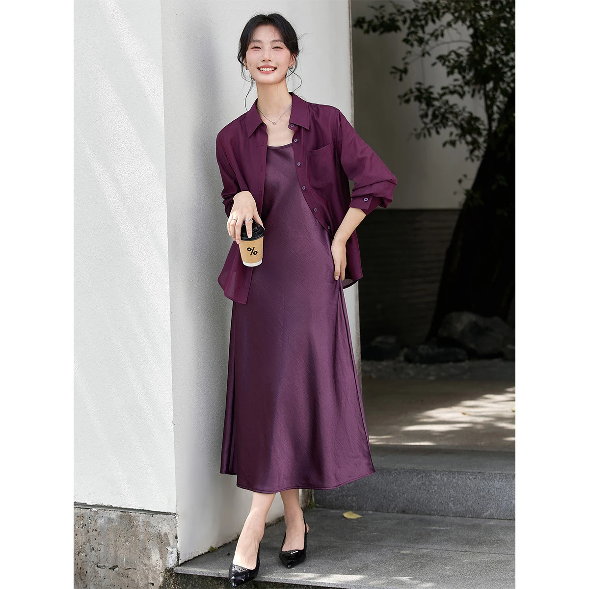 VIMLY الفرنسية فستان أنيق مجموعة للمرأة 2025 الخريف جديد عادية الصلبة قمصان طويلة الأكمام معاطف ميدي فضفاضة تناسب زلة فستان A3052