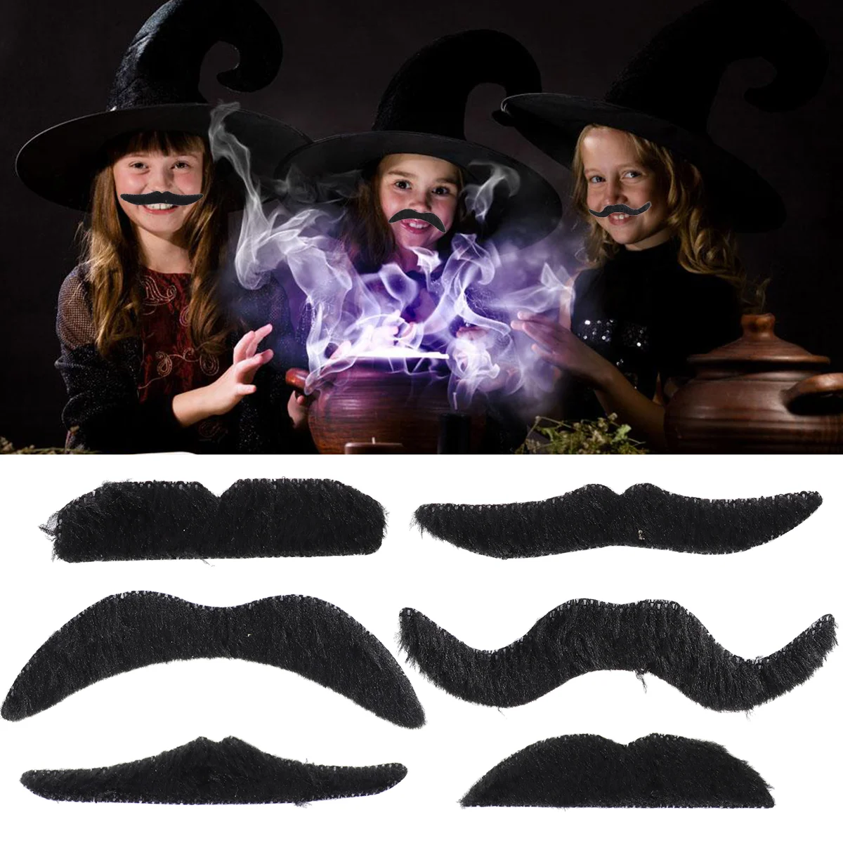 6 Pcs Self Adhesive Mustaches Cosplay Props Fake Artificial Masquerade Party Decorations Black Novelty