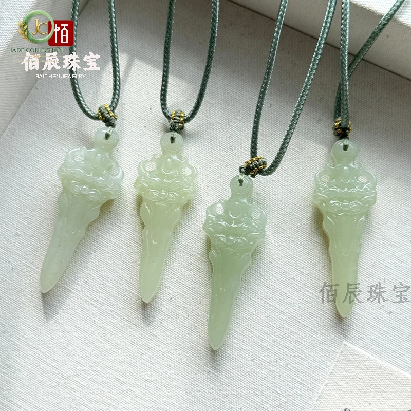 Natural Hetian Jade Pendant, Beast-Faced Sword Pendant, Jade Necklace for Men and Women, Blue and White Demon-Slashing Sword Nec