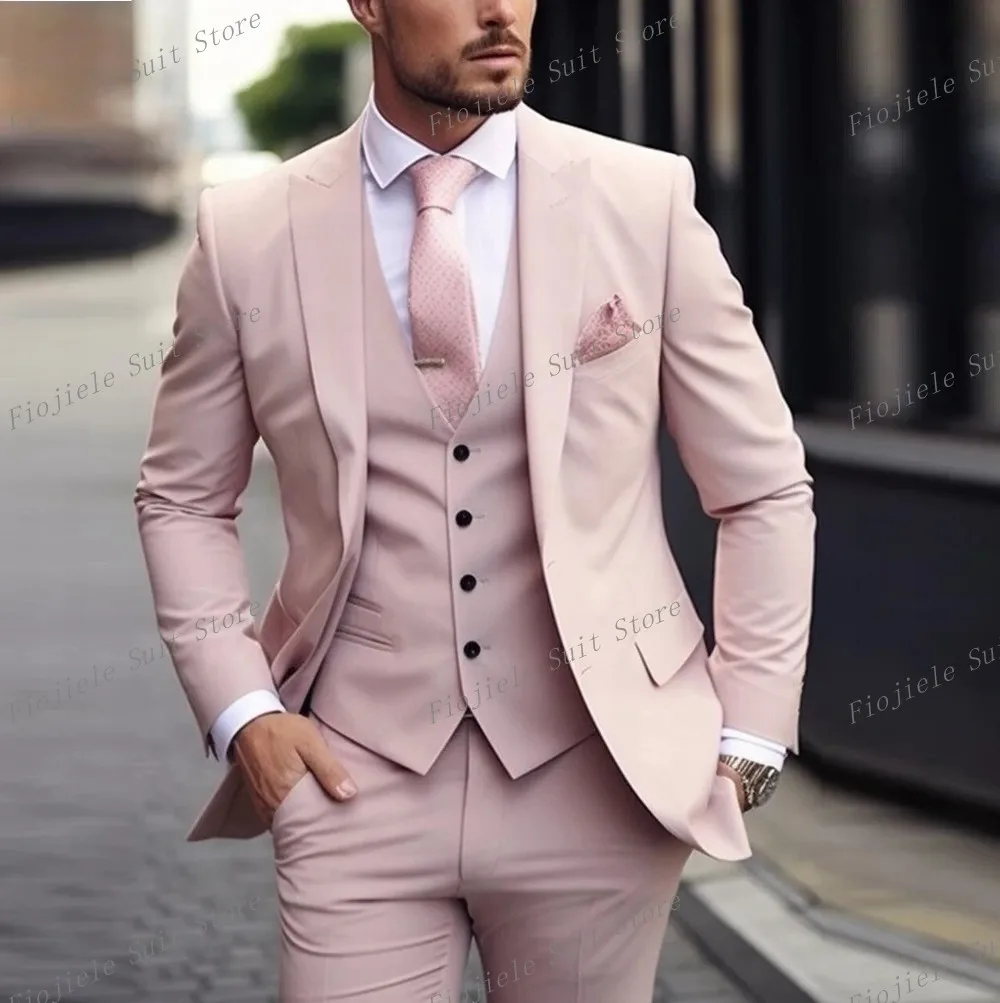 New Pink Groom Groomsman Men Suit Wedding Party Formal Occasions Business Male Tuxedo 3 Piece Set Jacket Vest Pants