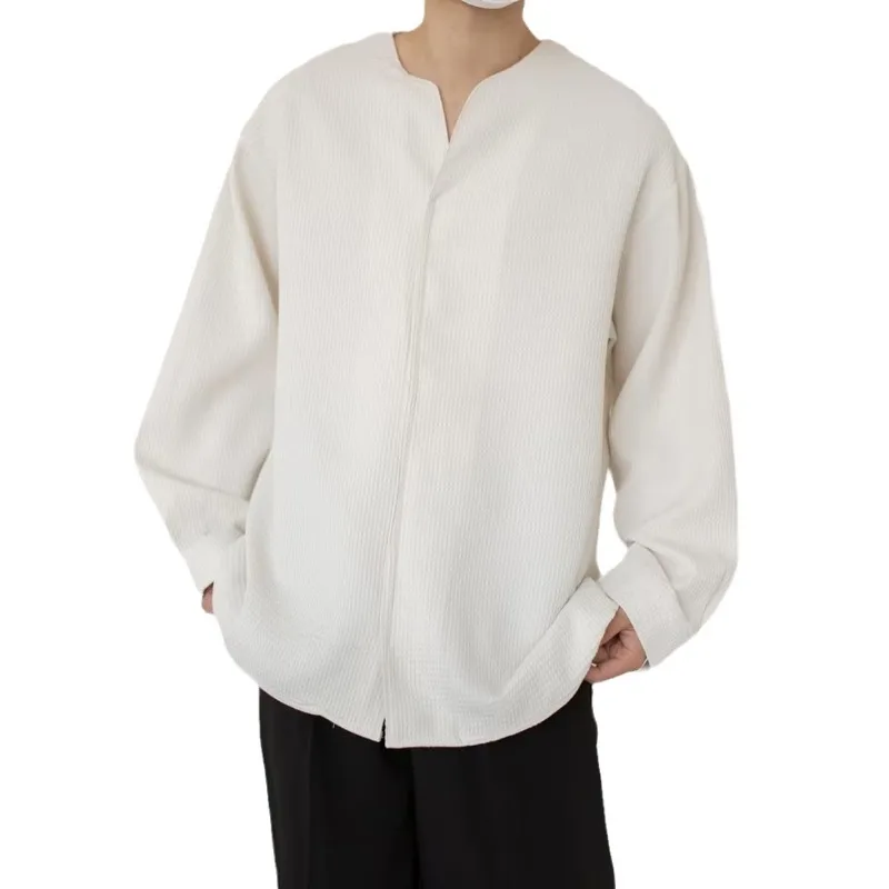 

Loose Men's Autumn New Trendy and Versatile Waffle V-neck Bottomed Long-sleeved Casual Pullover