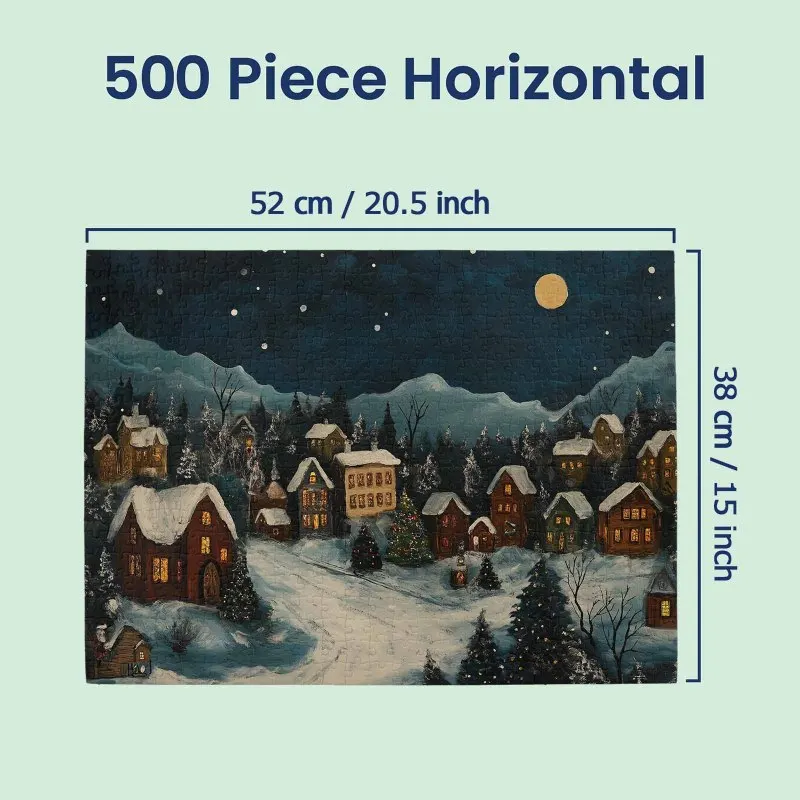 大人向けジグソーパズル 500ピース - 雪に覆われたクリスマスの村、月明かりの夜のクリスマス柄ジグソーパズル、魅力的な家族ゲーム