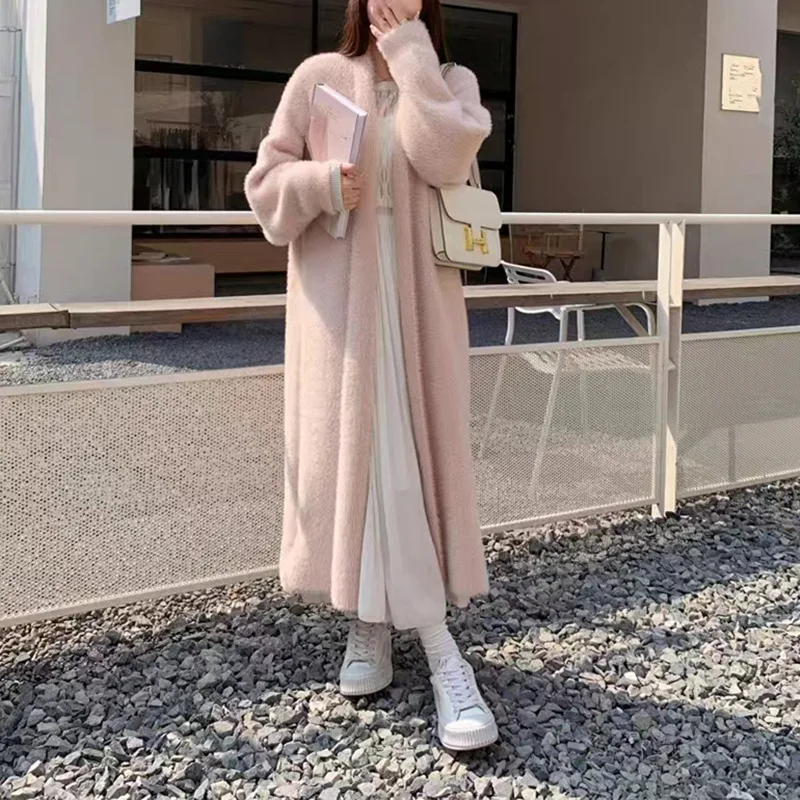 

Autumn Winter Over--Knee Faux Mink Velvet Knitted Cardigan Women Korean Version Loose Mid-Length Lazy Style Soft Sweater