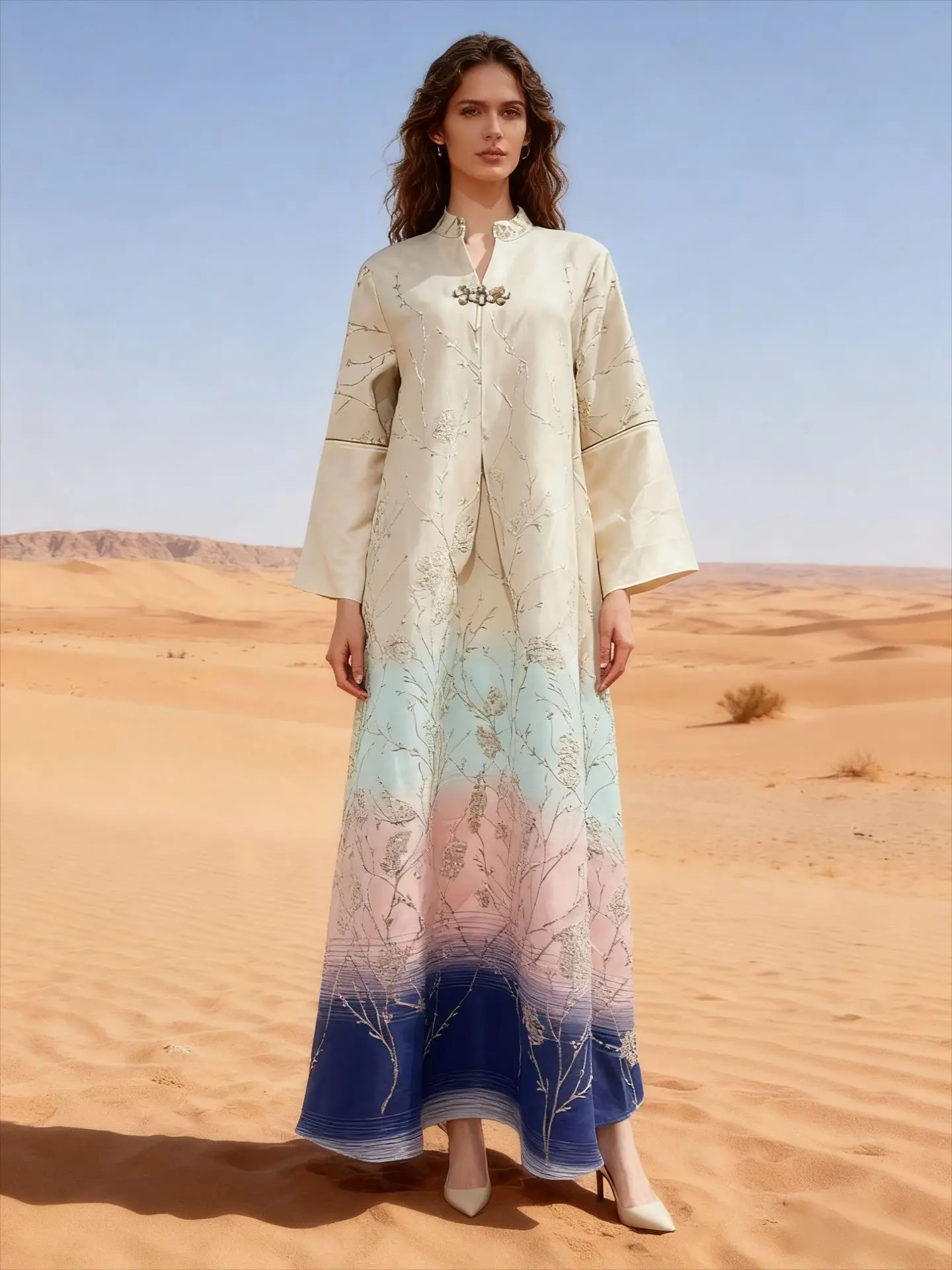 

Fashionable Embroidered Gradual Color Long Robe Dress Ethnic Style Loose Waist Regular Sleeve Other Material Full Length Casu...