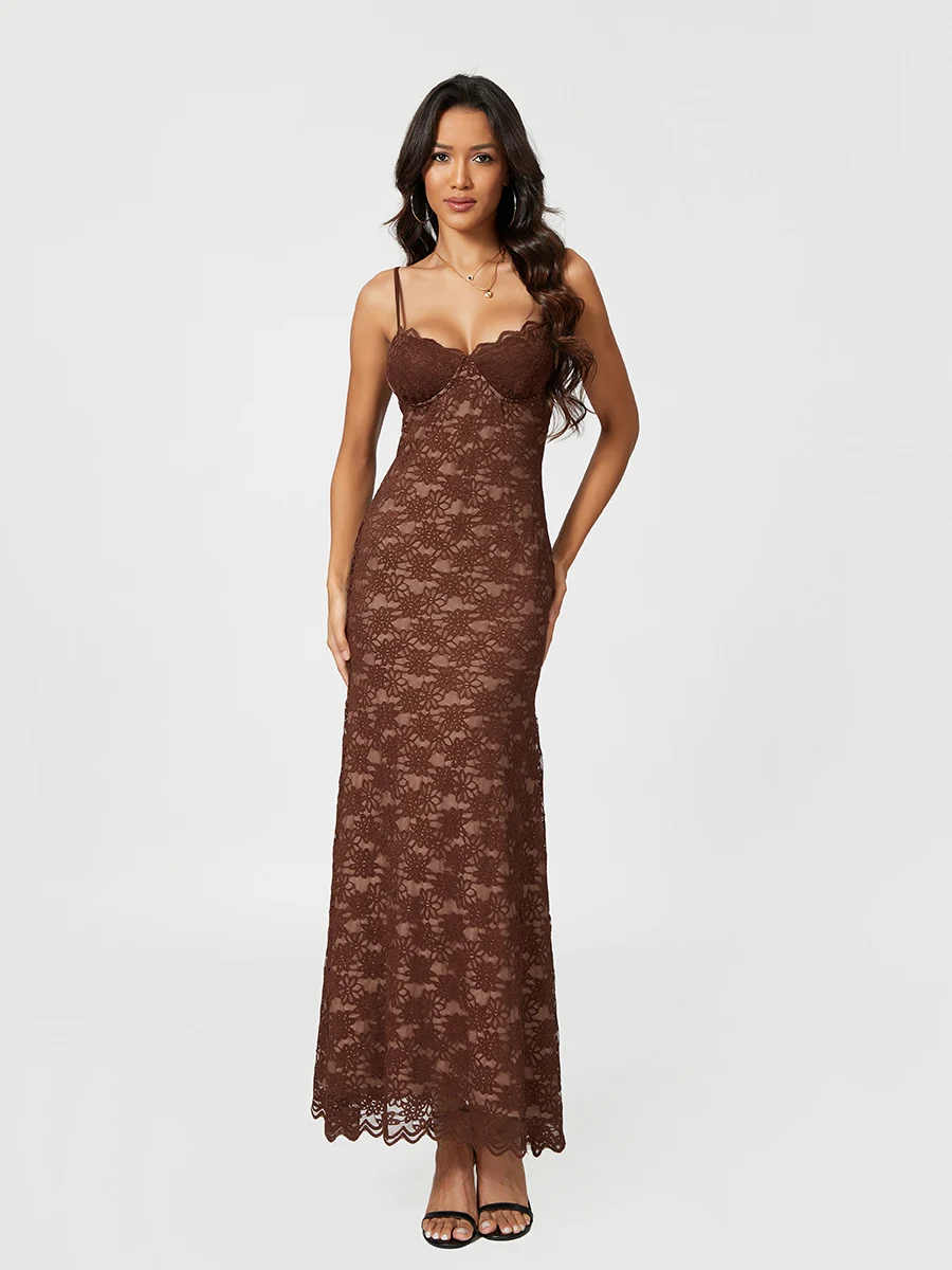 Robe en dentelle brodée florale pour femme, mince, dos nu, sexy, dentelle transparente, robes de soirée