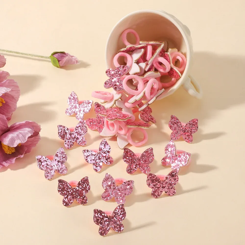 20 pièces/ensemble filles paillettes papillon enfants Mini bandeaux sans danger cheveux dessin animé serviette corde élastique pour queue de cheval élastique chapeaux
