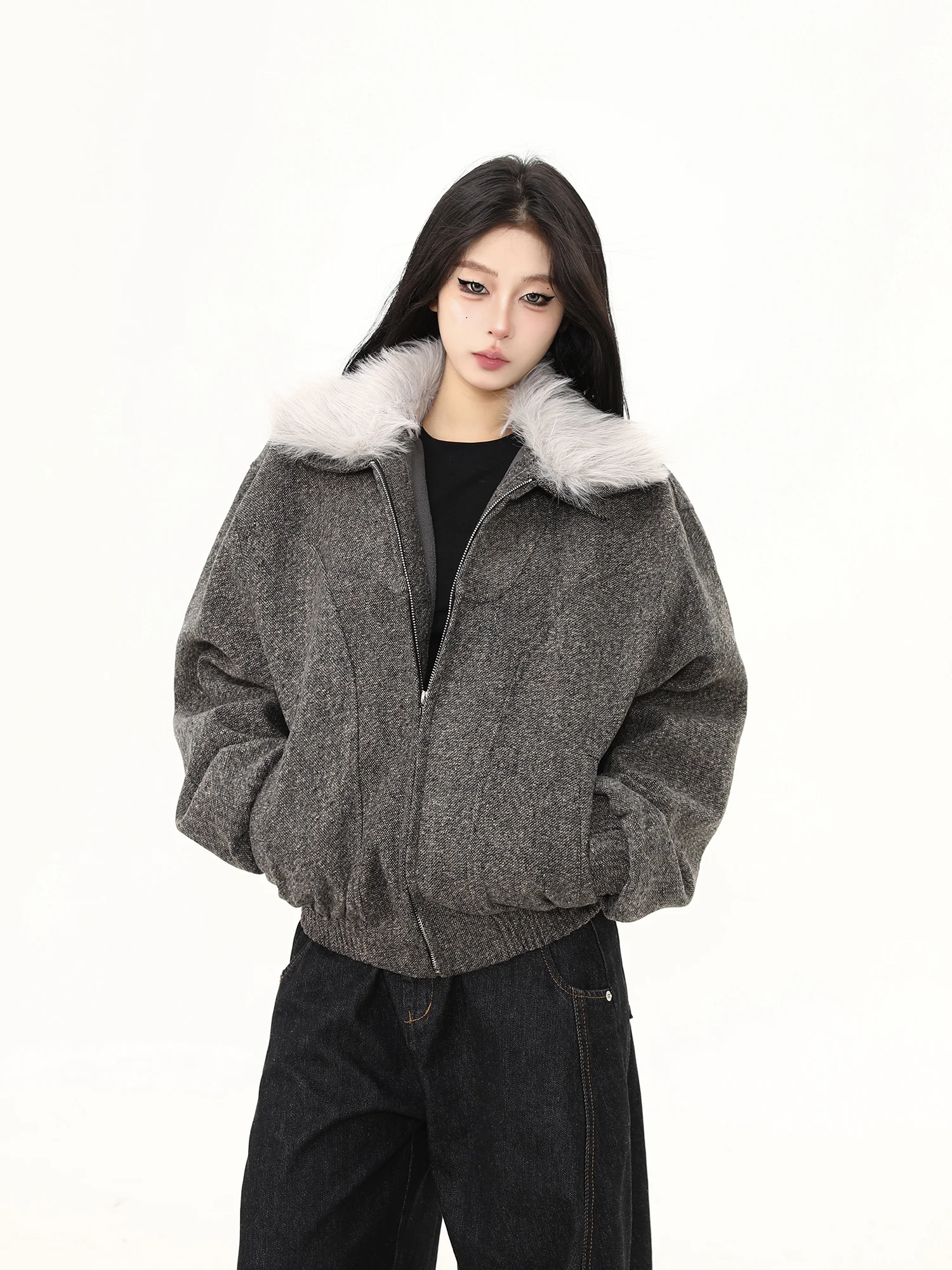 

Detachable Fur Collar Bomber Jaet Boxy Cotton Coat Men Women Retro Winter Outerwear Street Sle Warm Long Sve Zipper Cl...