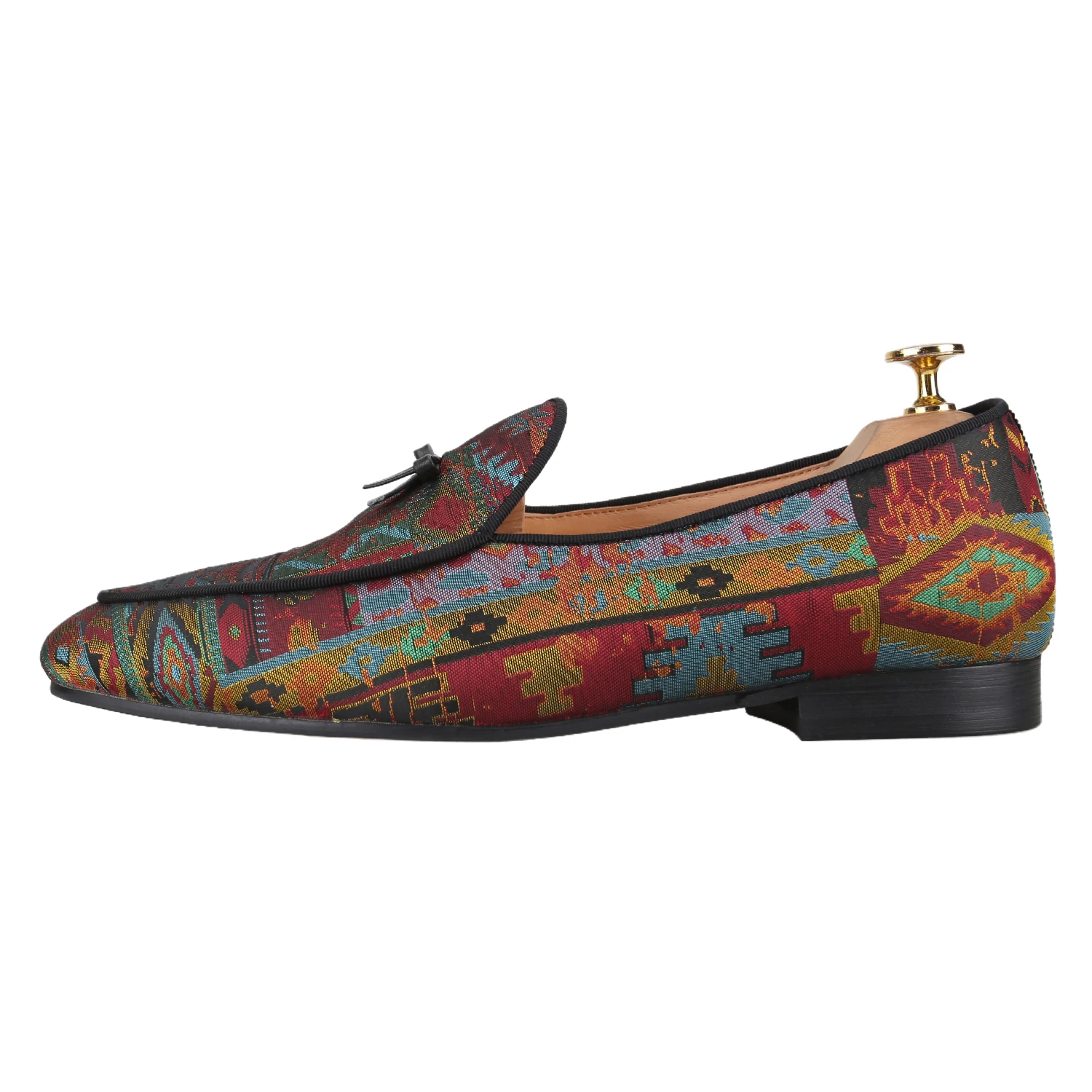 Piergitar Customized Bohemian Totem Silk Slip-On Loafers With Handmade Black Leather Tie Classic Style Men's Smoking Slippers