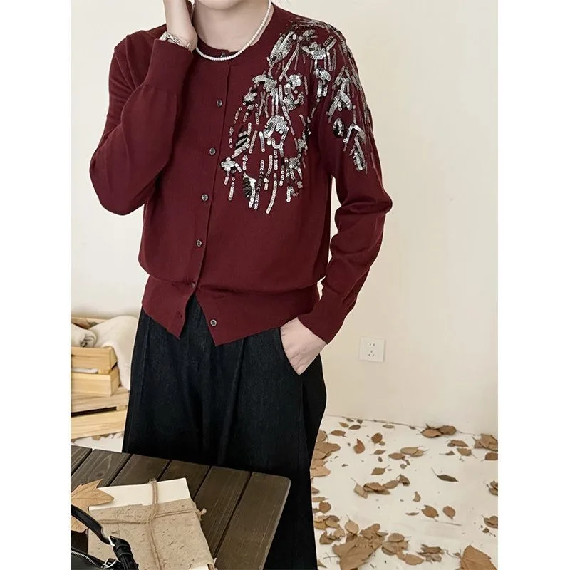 

Осень-зима 2022, новый вязаный кардиган на одно плечо с блестками и круглым вырезом, женское темпераментное базовое пальто