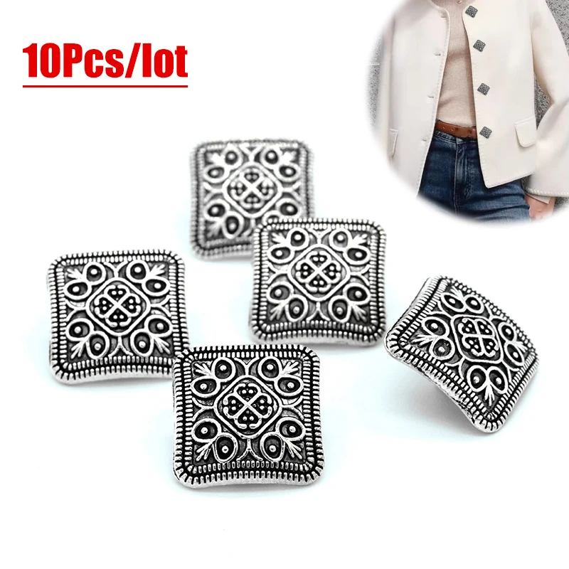 

10Pcs/lot Silver Flower Metal Shank Button Geometric Square Antique For Clothes Jeans Sewing DIY Decorative Crafts