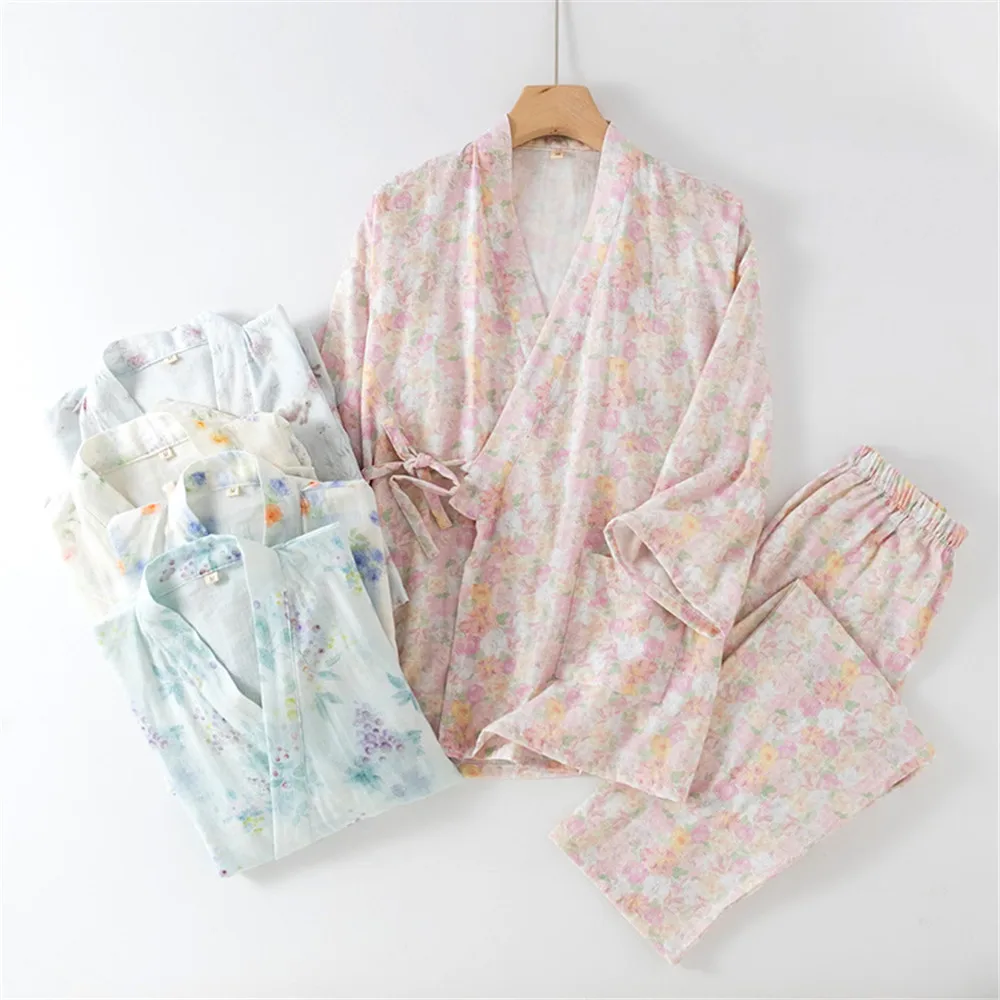 

Осенняя одежда для сна, женские хлопковые брюки-кимоно, пижамы с цветочным принтом для женщин, комплект из двух предметов, одежда для дома