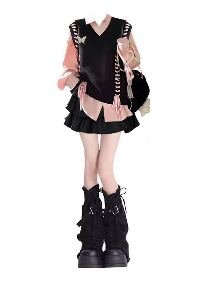 Primavera principios de talla grande tejido Mujer chaleco Boting irt Cake ort falda camiseta pieza conjunto Faionable moda chica traje