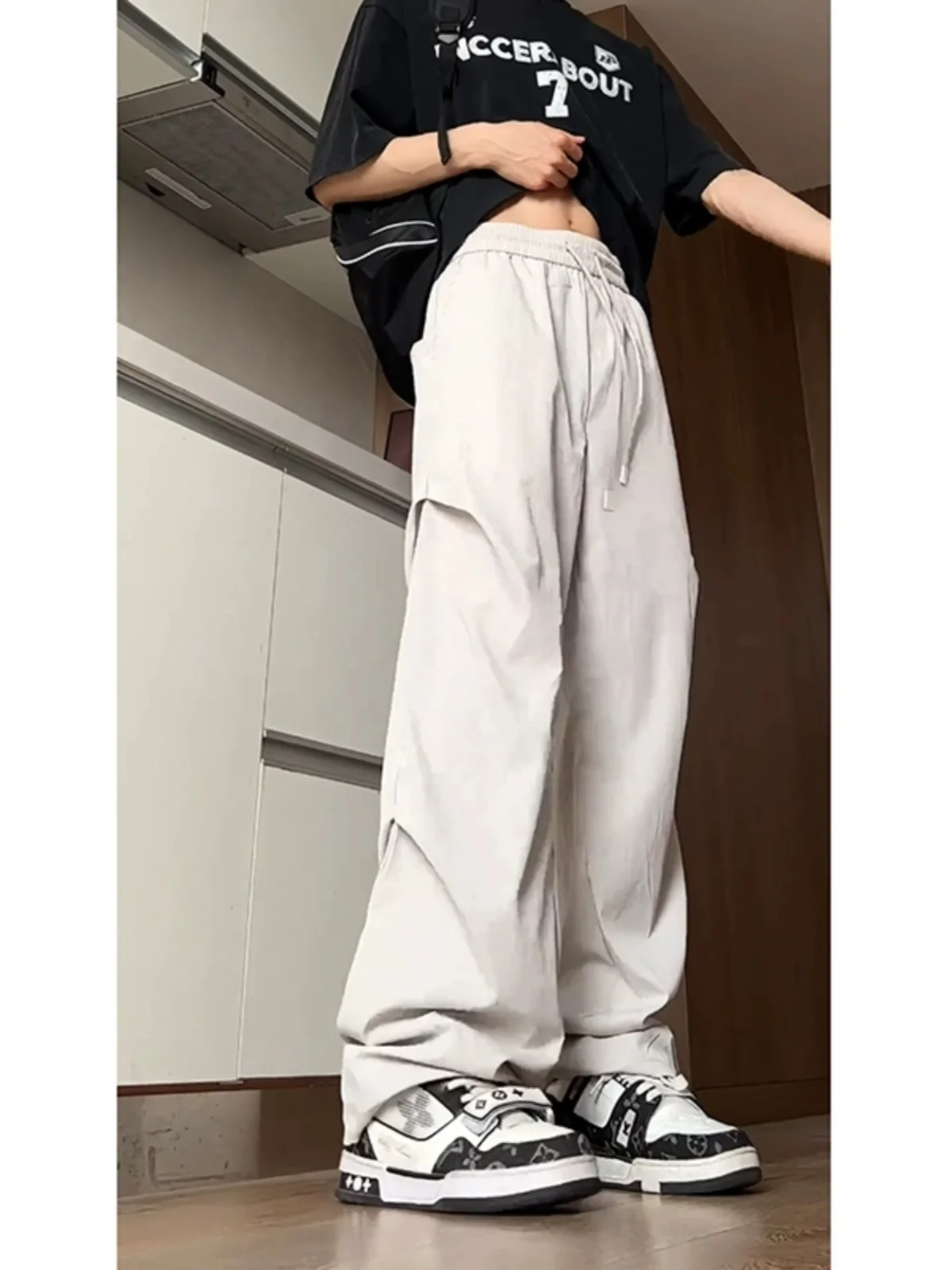 Quick Dry Paratrooper Pants Men's Summer High-End Sport Casual Ice Silk Straight Leg Pants Durable Pressing Loose Fit Long Tr...