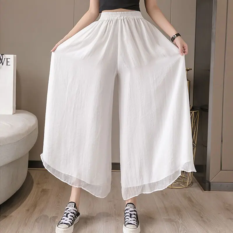 Loose Chiffon Straight Wide Leg Ankle-Length Pants Women Clothing High Waisted Casual Dance Trousers Thin Solid Summer Simple