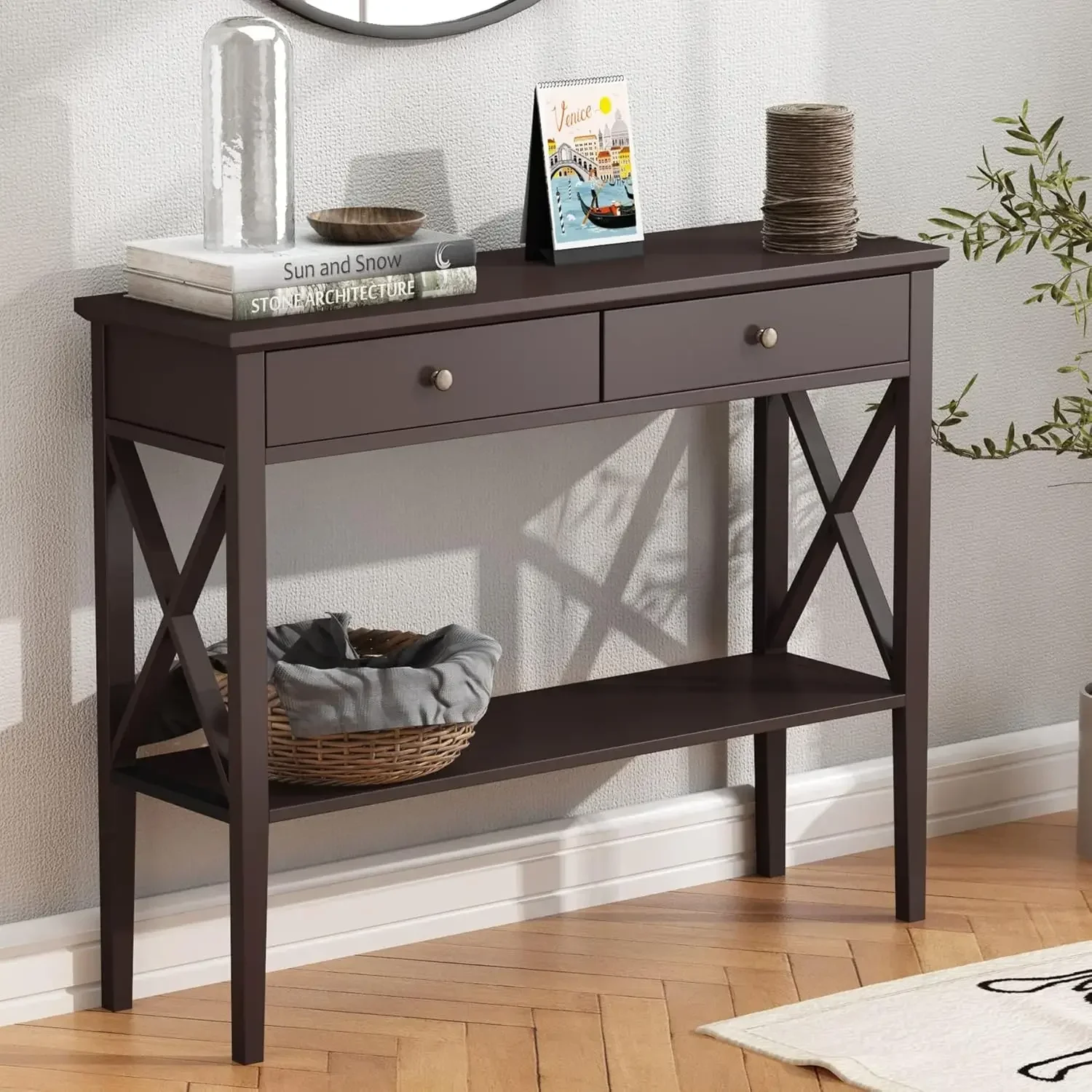 Console Table with Drawers, Narrow Wood Accent Sofa Table Entryway Table with Storage Shelf for Entryway, Front Hall, Hallway