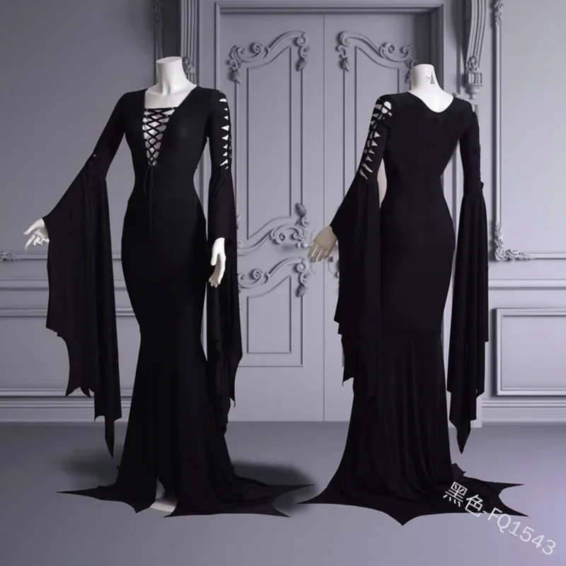 Plus size wtich ghost costume Gothic floor train dress vampire vintage Morticia Addam bandage cosplay robe js9597