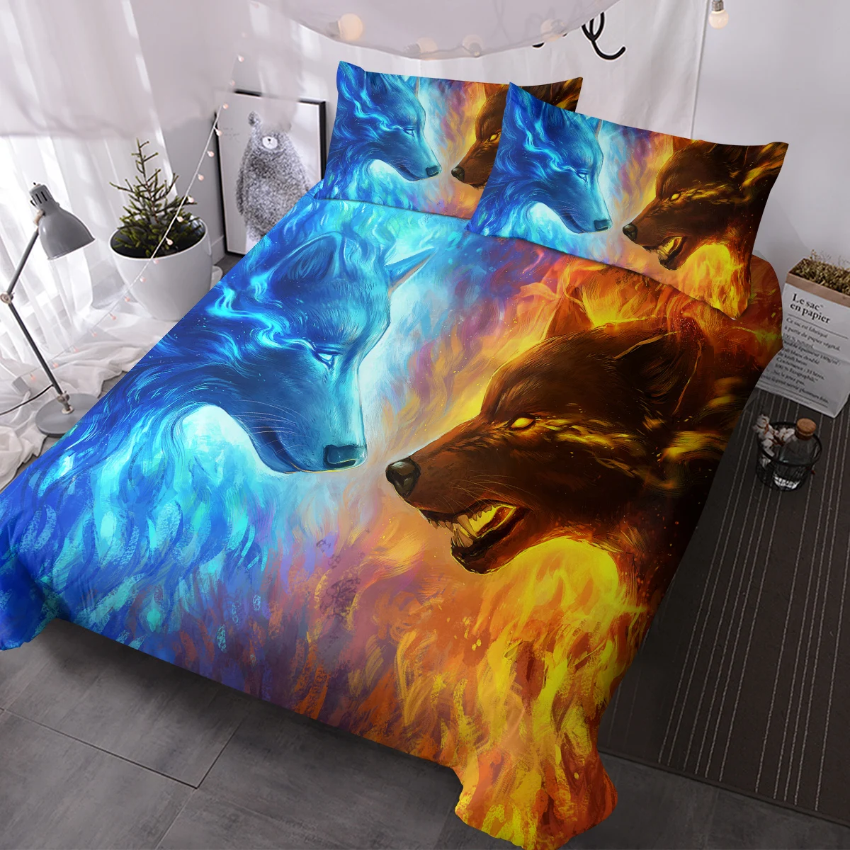 

3PCS Water Fire Dragon Wolf Duvet Cover Set Soft Bedding Set, Boys Bed Room Decor Birthday Gifts Suit For All Season Full Size