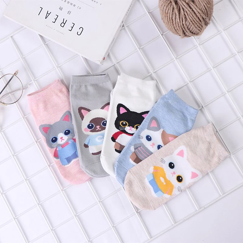 Calcetines tobilleros informales divertidos para mujer, medias cortas de tubo bajo, estilo Harajuku, con dibujos de animales, gato, Kawaii