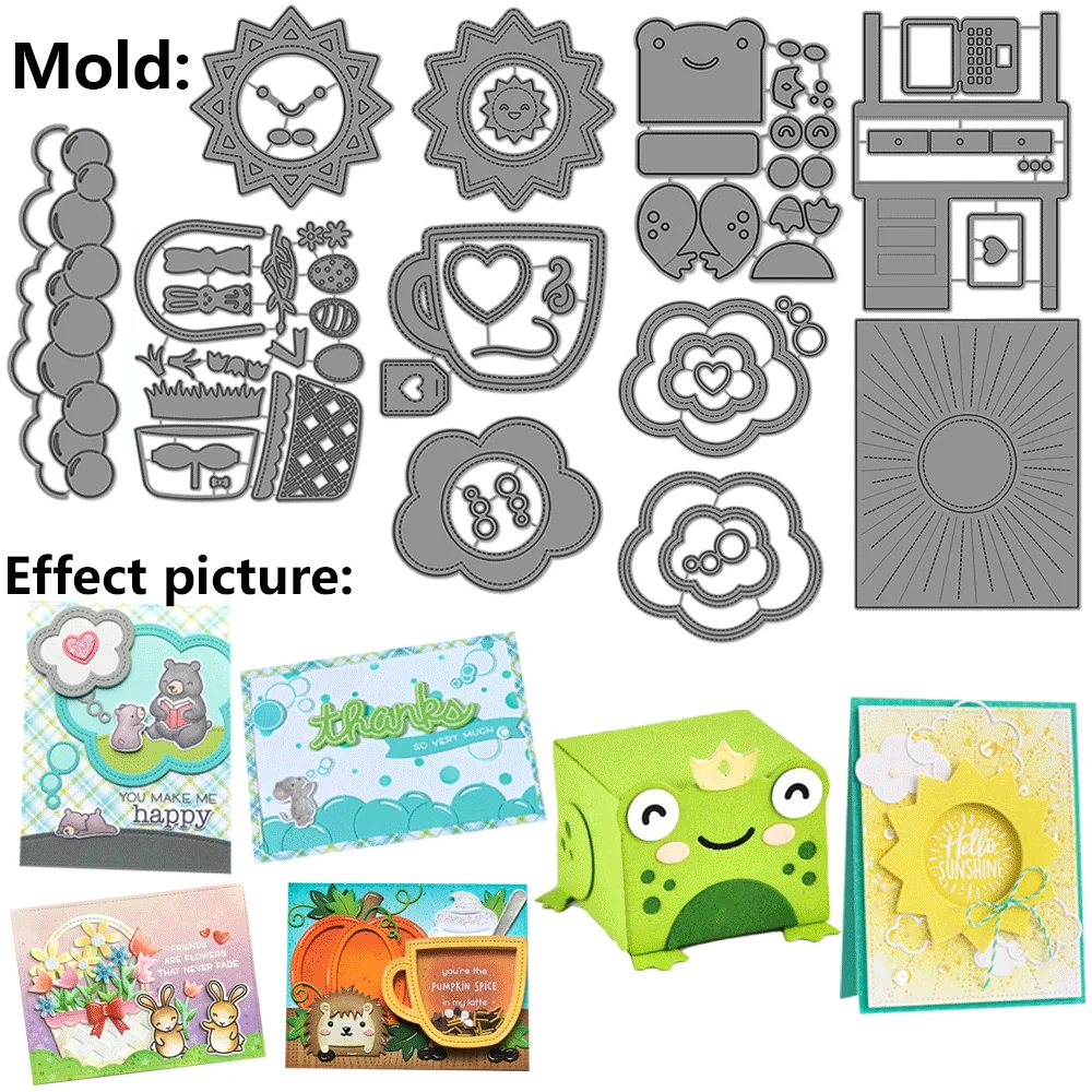 Metall-Stanzformen mit Sonne, Frosch, Tasse, Wolkenmuster, Prägestanz für DIY-Kartenherstellung, Scrapbooking, Bastelbedarf