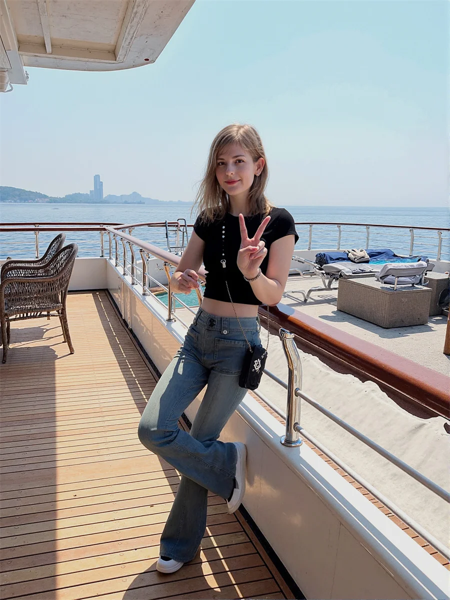 플레어 슬림 스키니 바닥 길이 청바지 여성용 클래식 빈티지 아메리칸 스타일 스트레이트 레그 찢어진 헤짐 워싱 캐주얼 릴렉스