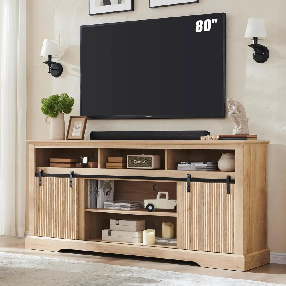 Recessed TV Cabinet, Living Room Media Console Cabinet with Storage, Speakers, and Adjustable Shelves, 70-Inch (Natural)