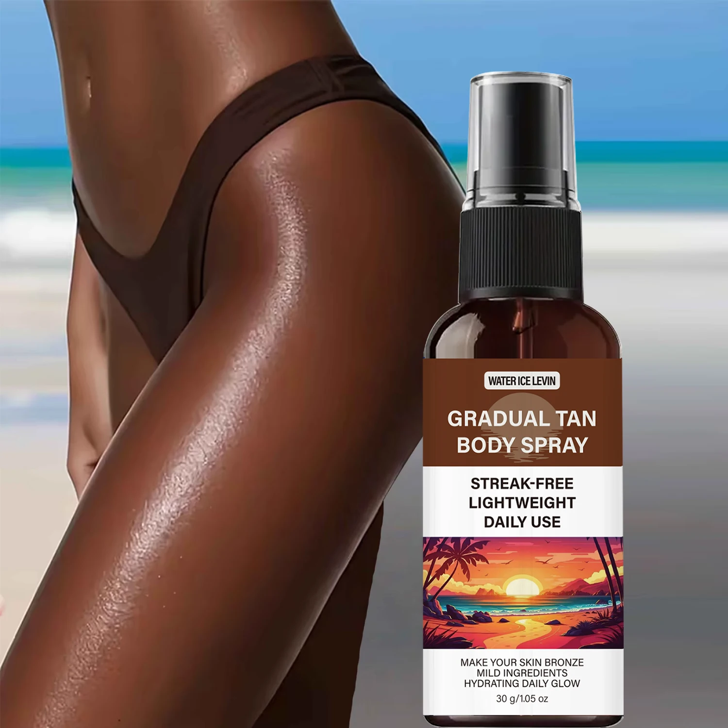 WATER ICE LEVIN Spray Corporal Bronceado Gradual, Sin Vetas Ligero Uso Diario, Niebla Hidratante Autobronceadora con Colágeno Ácido Hialurónico Niacinamida, 30g