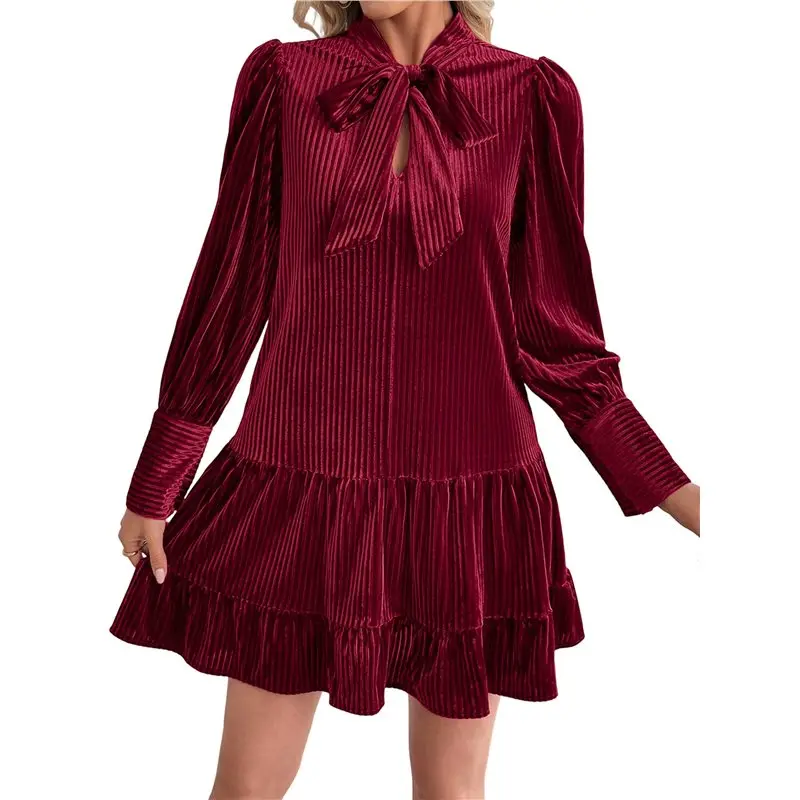 

IALJ-Female Loose Fit Bow-Tie Neck Long Sleeve Velvet Mini Babydoll Dresses Shift Dress