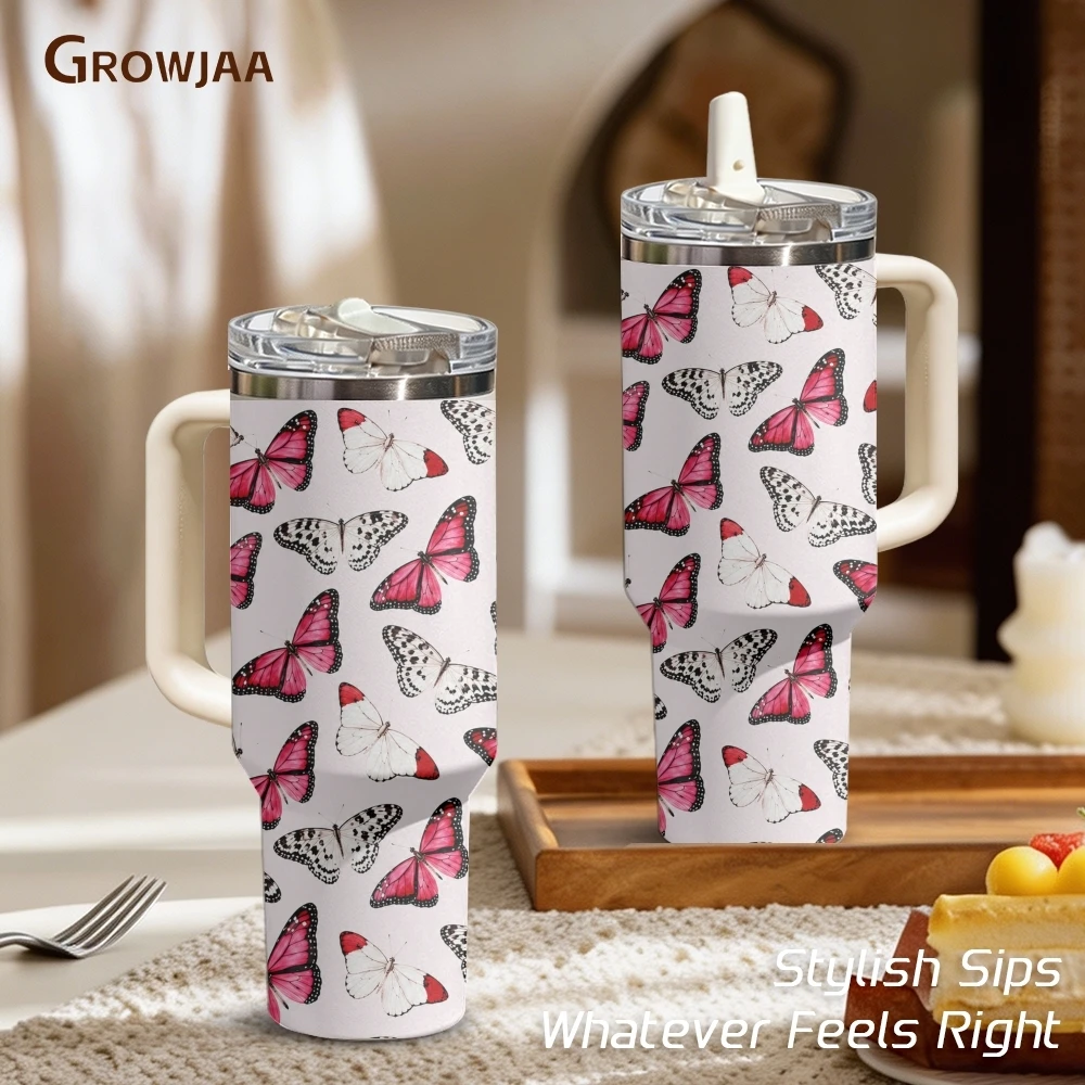Pastel Butterfly Graphics Vacuum Flasks 40oz 3rd Gen Vacuum Insulated Stainless Steel Tumbler Cup Handle Straw Lid For Gifts