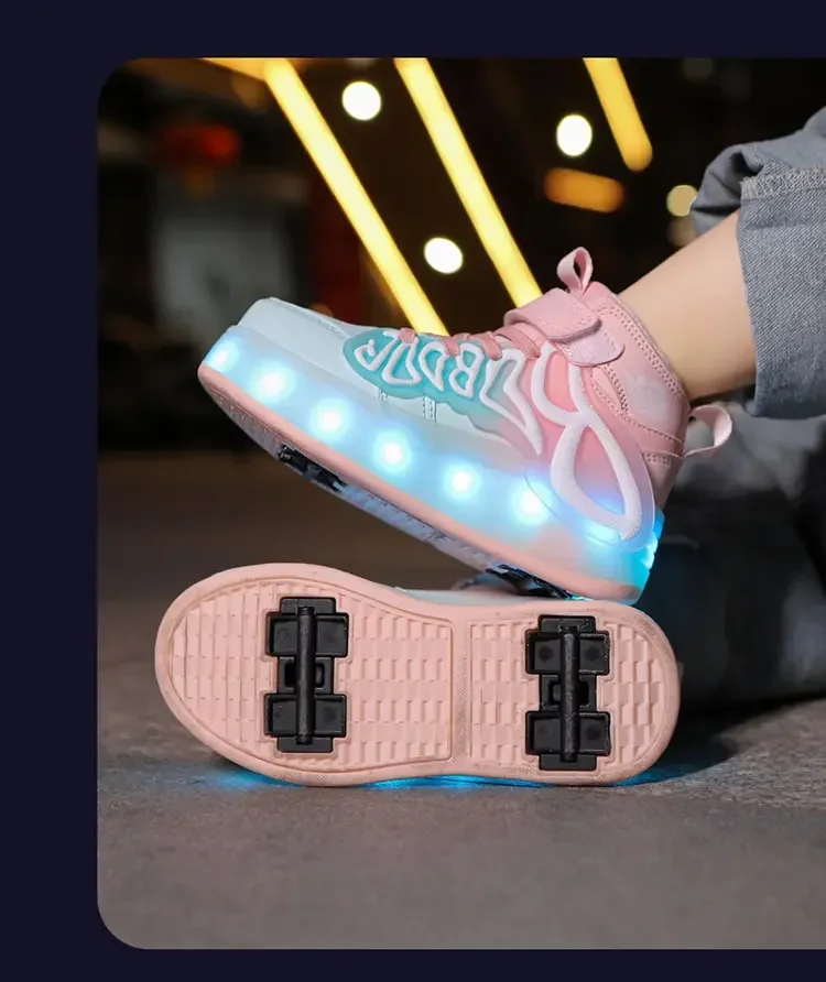 Sepatu roda anak laki-laki perempuan, sneaker olahraga 4 roda lampu Led hadiah permainan luar ruangan